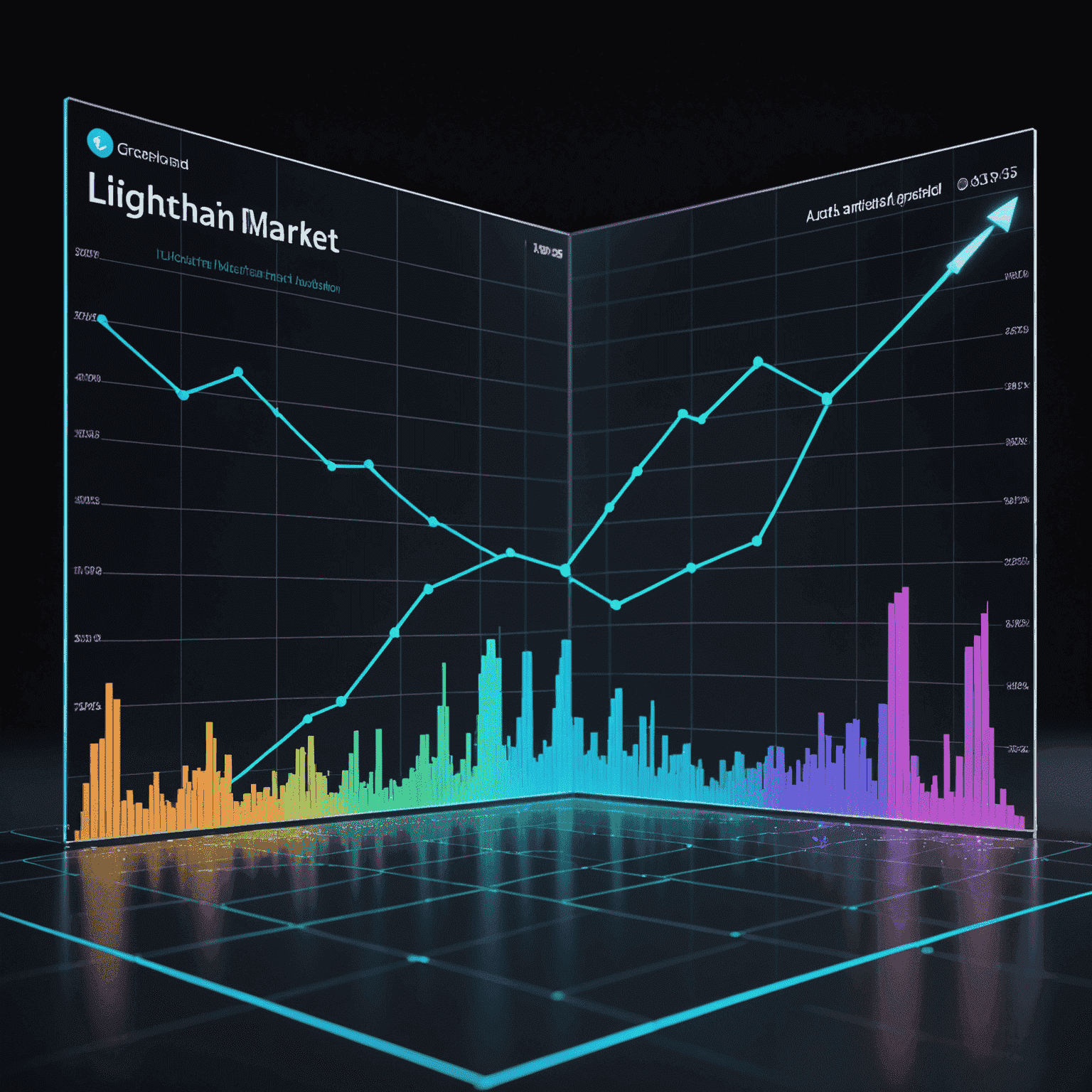 Lightchain market analysis: A graph showing upward trends in lightchain adoption and investment, with futuristic holographic displays